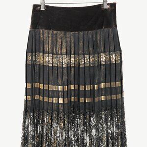 Jean Paul Gaultier Black Silk Gold-Foil Pleated Lace-Hem Midi Skirt